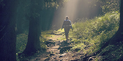 woman walking through the woods as sunshine spills down on her . She's walking away from the camera